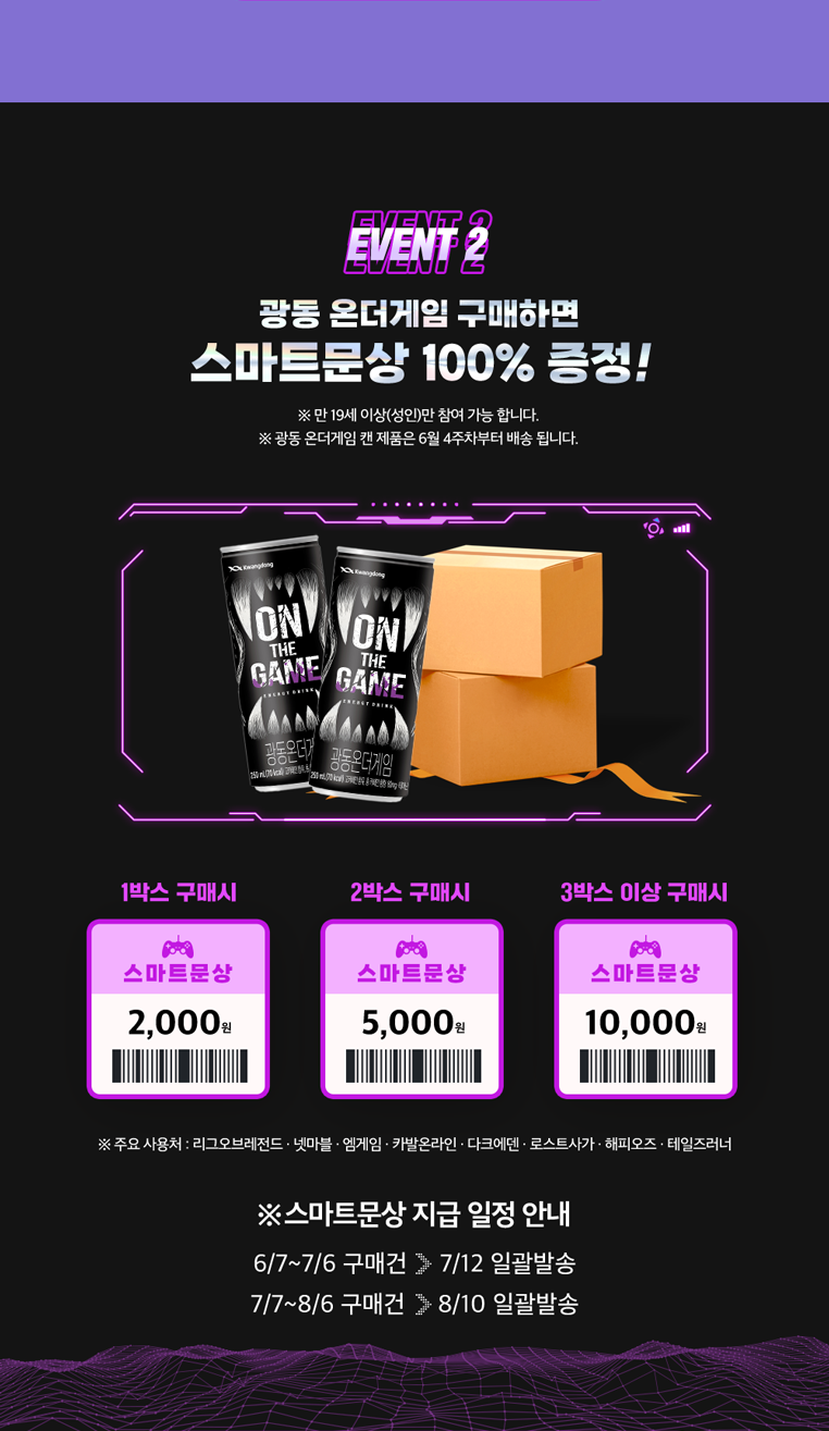 광동온더게임 구매하면 스마트 문상 100% 증정! 1박스 구매시 2000원, 2박스 구매시 5000원, 3박스 이상구매시 10000원